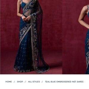 Teal Blue Embroidered Net Saree